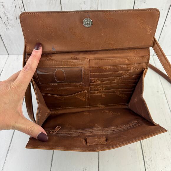 VTG Fossil Brown Camel Leather Double Flap Saddle Crossbody Bag Organizer - Picture 10 of 15